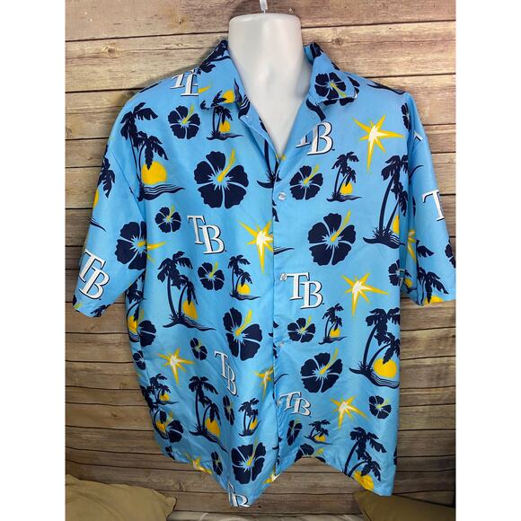 Tampa Bay Rays sz Large Starburst Hawaiian Camp Shirt Blue Floral MLB Button Up - Picture 2 of 8